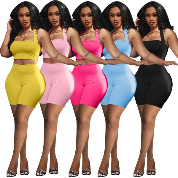 Hollow solid color halterneck vest shorts two-piece suit QM7043