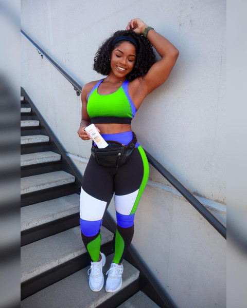 Beautiful sexy women's color contrast yoga sports two-piece suit XY9105