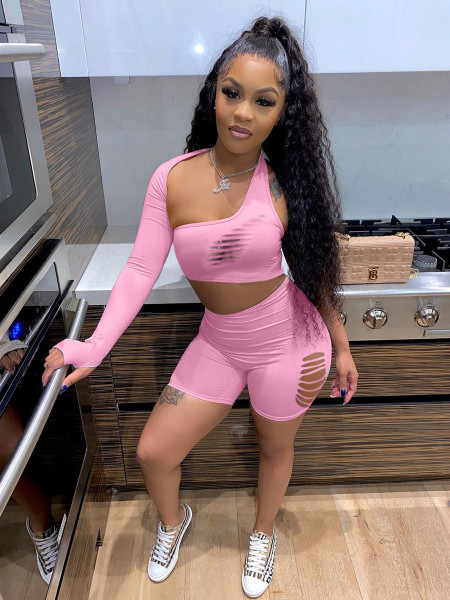 Sports and leisure solid color ripped burnt flower one-shoulder shorts two-piece suit KY3080