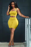 Hollow solid color halterneck vest shorts two-piece suit QM7043