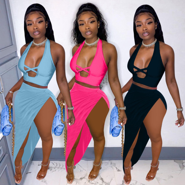 Pure color sexy hollow halterneck two-piece skirt QM7049