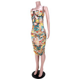 Sexy printed pleated pull tube suspender dress GL6385
