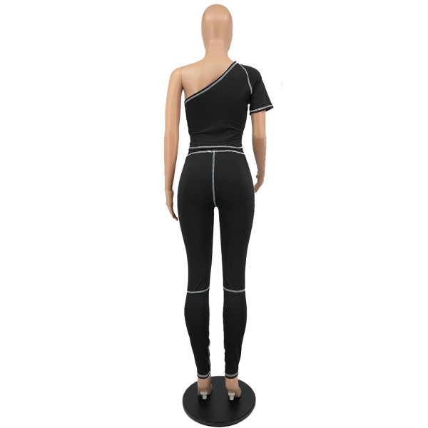 Slant shoulder trousers fashion sports suit solid color stretch slim two-piece suit W8225