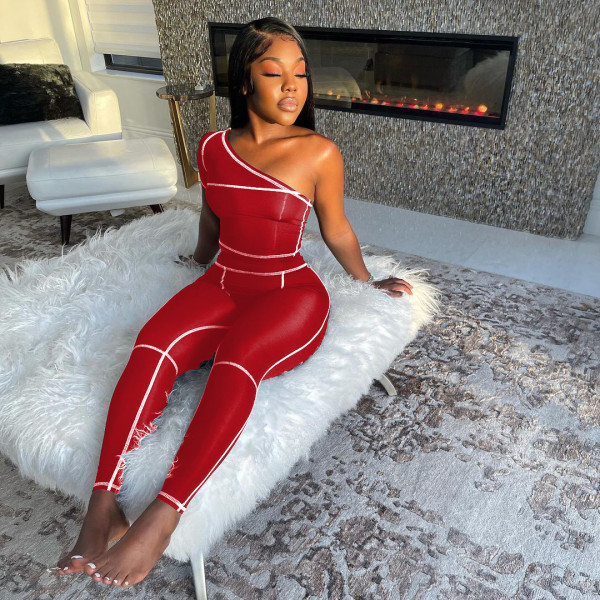Slant shoulder trousers fashion sports suit solid color stretch slim two-piece suit W8225