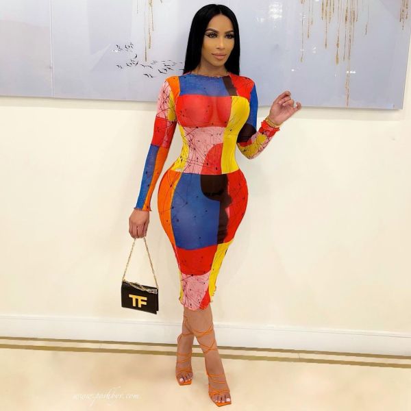 Fashion printed long-sleeved mesh dress S90073