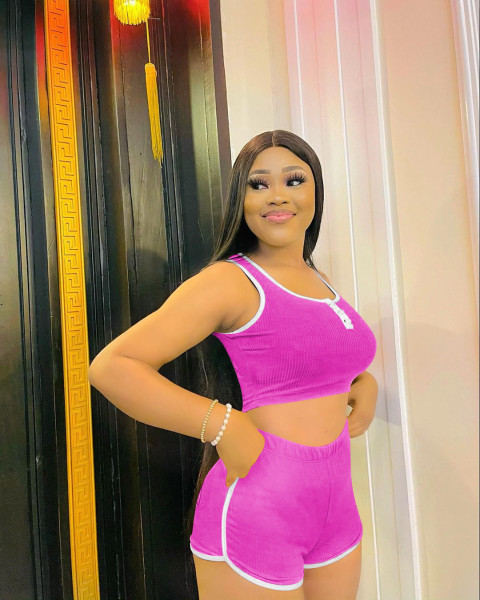 Pure color pit strip fashion sexy sports and leisure two-piece suit OM1368