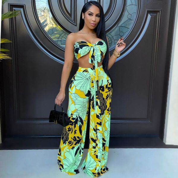 Fashion print, chest-wrapped straps, wide-leg pants two-piece suit S90072