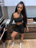 Sports and leisure solid color ripped burnt flower one-shoulder shorts two-piece suit KY3080