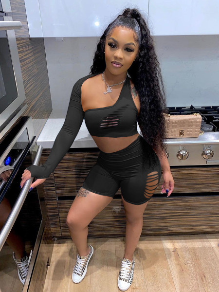 Sports and leisure solid color ripped burnt flower one-shoulder shorts two-piece suit KY3080