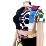 Fashion printed contrast color half high neck T-shirt two-piece set AP7027