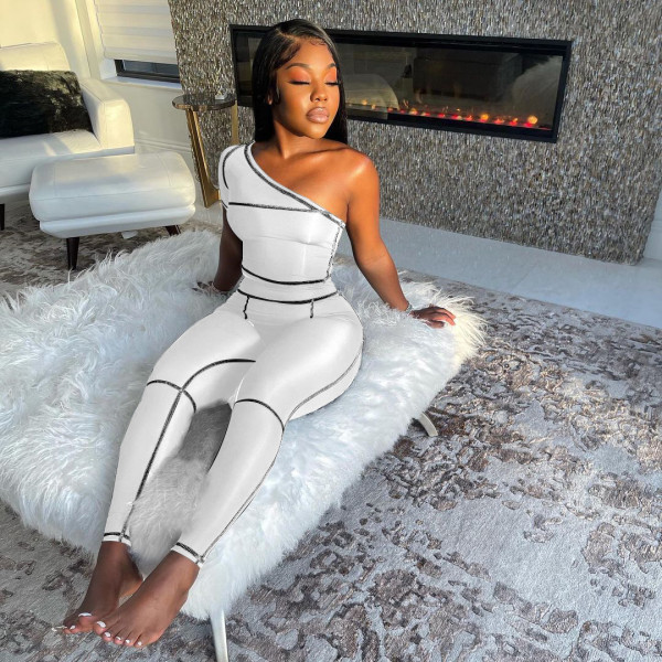 Slant shoulder trousers fashion sports suit solid color stretch slim two-piece suit W8225