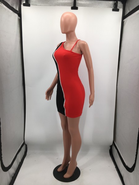 Colorblock double zipper sexy nightclub style dress H8977
