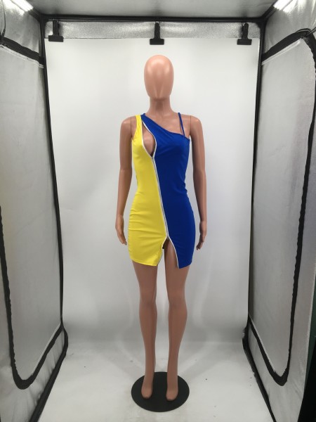 Colorblock double zipper sexy nightclub style dress H8977