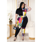 Fashion printed contrast color half high neck T-shirt two-piece set AP7027
