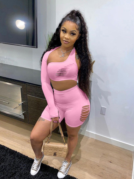 Sports and leisure solid color ripped burnt flower one-shoulder shorts two-piece suit KY3080