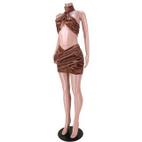Hanging neck mesh stitching cross pleated reflective skirt suit GL6378