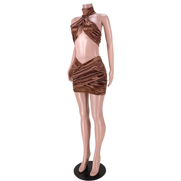 Hanging neck mesh stitching cross pleated reflective skirt suit GL6378