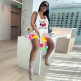 New style lip splash ink printing casual loose sleeveless shorts suit KY3082