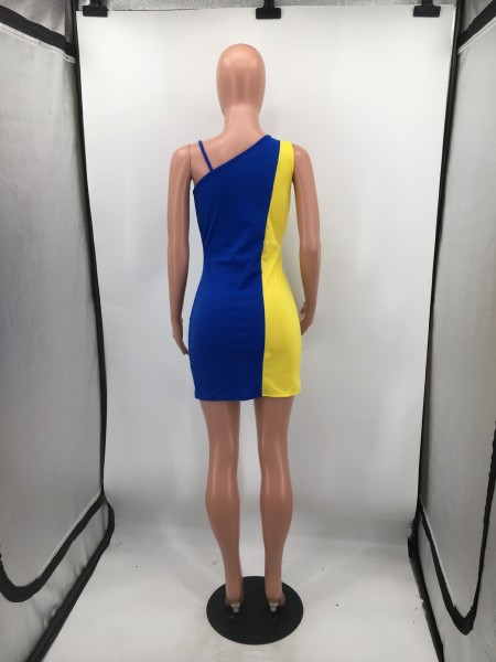 Colorblock double zipper sexy nightclub style dress H8977
