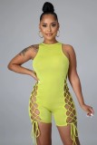 Back zipper closure sleeveless solid color hollow straps stretch jumpsuit z9105