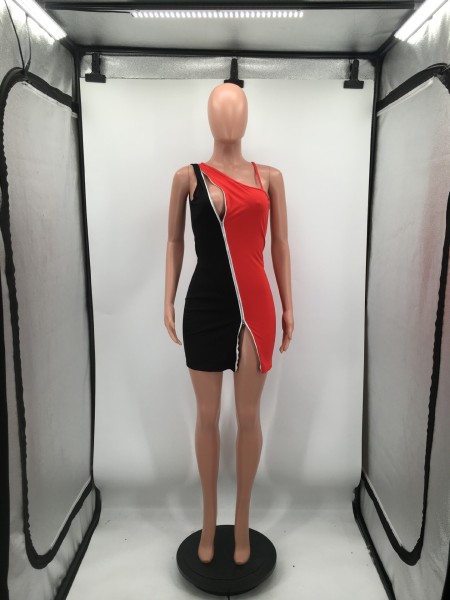 Colorblock double zipper sexy nightclub style dress H8977
