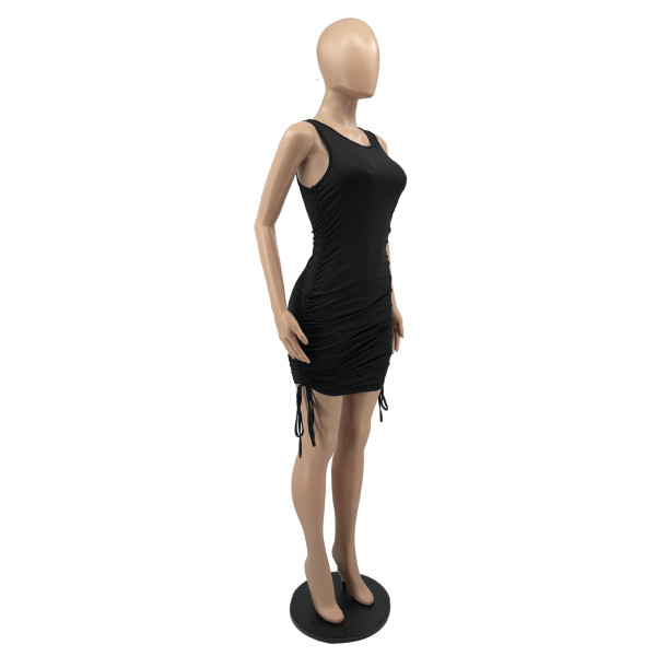 Round neck sleeveless pleated dress solid color stretch slim skirt women's nightclub W8230-1