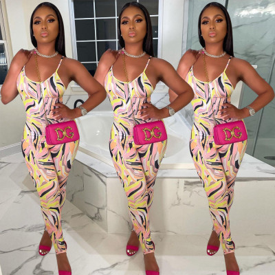 Fashion sexy printed suspender jumpsuit YZL852