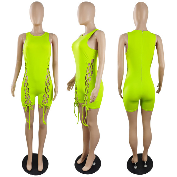 Back zipper closure sleeveless solid color hollow straps stretch jumpsuit z9105