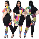 Fashion printed contrast color half high neck T-shirt two-piece set AP7027