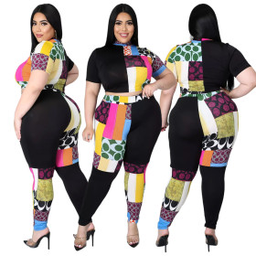 Fashion printed contrast color half high neck T-shirt two-piece set AP7027