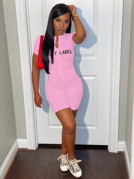 Skinny high-neck embroidered letters zipper short-sleeved jumpsuit LSN7103