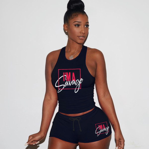 Street style printed tank top shorts sports suit two-piece suit H1650