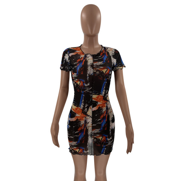 Printed mesh sexy dress MN1087