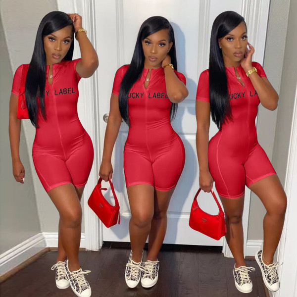 Skinny high-neck embroidered letters zipper short-sleeved jumpsuit LSN7103