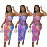 Fashion fake two-piece hollow one-shoulder strap slim digital printing dress CM2144