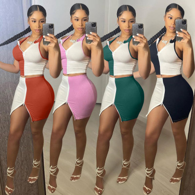 Fashion stitching zipper sexy two-piece skirt suit S6282