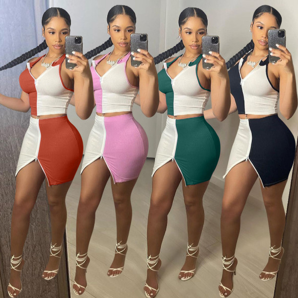 Fashion stitching zipper sexy two-piece skirt suit S6282