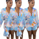 Casual printed shirt buttoned pants suit with free headscarf PQ8652