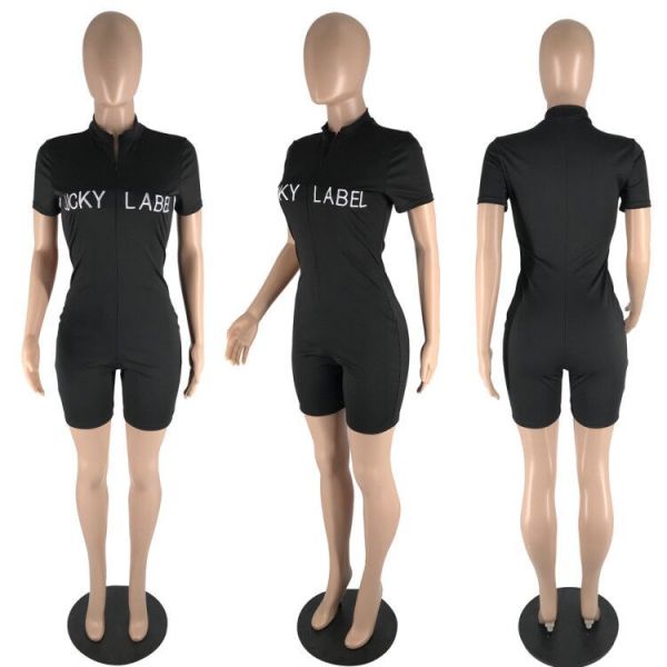 Skinny high-neck embroidered letters zipper short-sleeved jumpsuit LSN7103