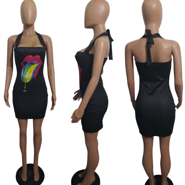 Short colorful lips halter neck strap dress LSN735