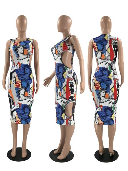 Mid-waist printed sleeveless long hollow skirt YM86805