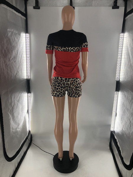 Fashion leopard stitching casual two-piece suit S6289
