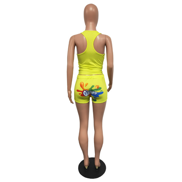 Street style printed tank top shorts sports suit two pieces H1646