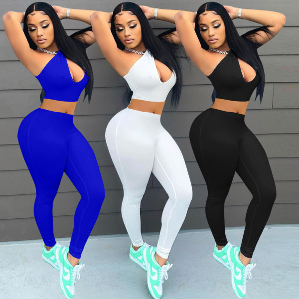 Solid color sleeveless one-shoulder hip lift two-piece European and American fashion YZL848