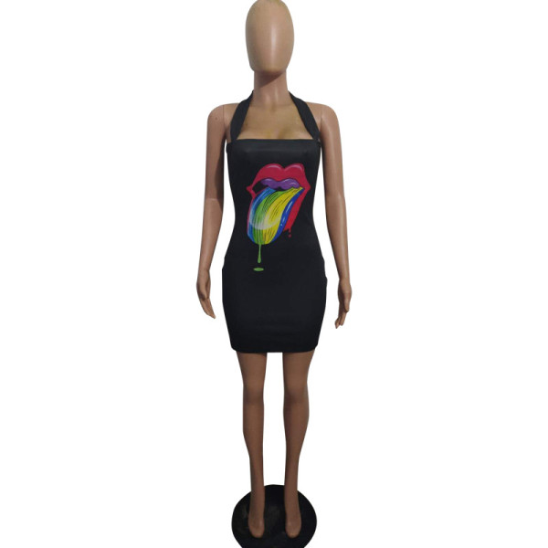 Short colorful lips halter neck strap dress LSN735