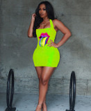 Short colorful lips halter neck strap dress LSN735