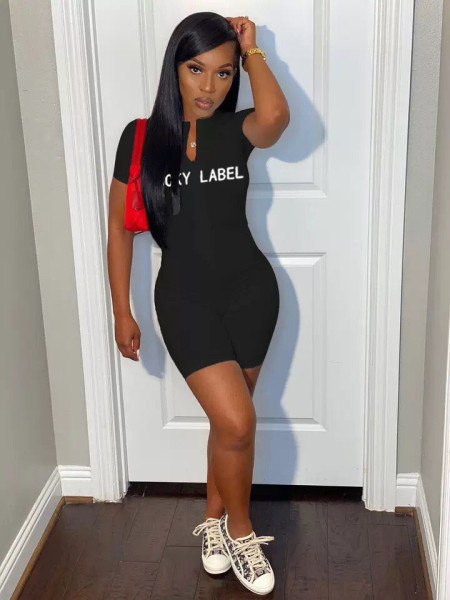Skinny high-neck embroidered letters zipper short-sleeved jumpsuit LSN7103