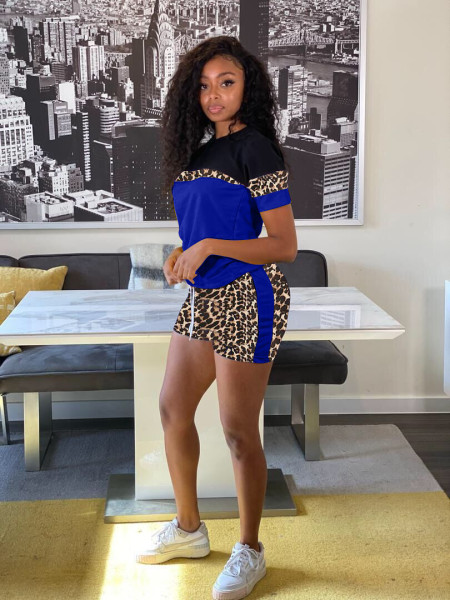 Fashion leopard stitching casual two-piece suit S6289