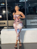 Sexy Wrapped Chest Strapless Neck Shaped Printed Women's Dress Two Piece Set CM2143