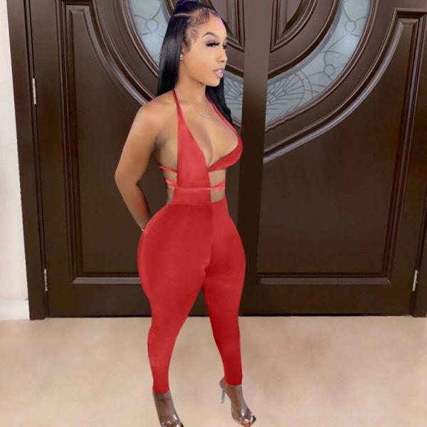 Sexy tight-fitting solid color tie jumpsuit MN88806
